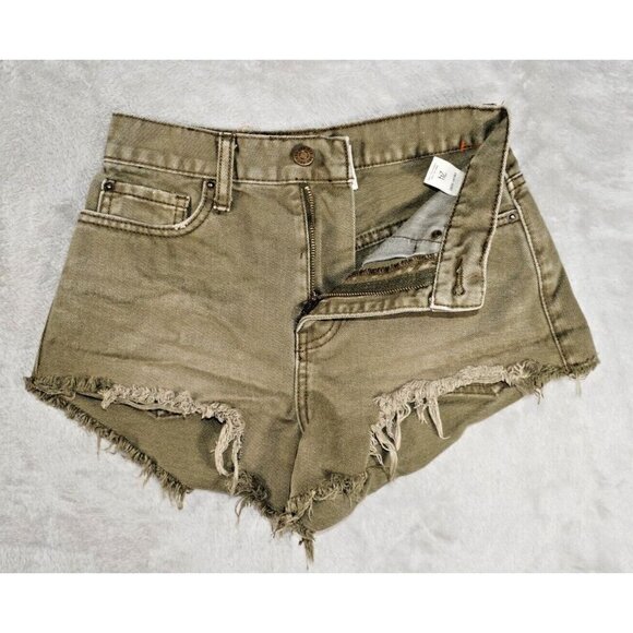 BDG Urban Outfitters High-Rise Cheeky Cutoff Denim Shorts Olive Green Size 24 - Picture 1 of 9